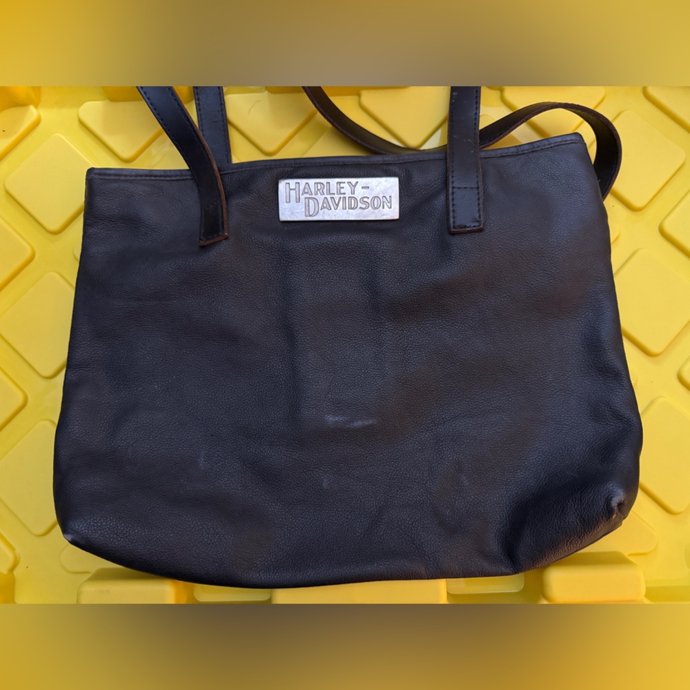 Harley Davidson Black Leather Logo Plate Bag Purse Tote Made in USA Vintage HD